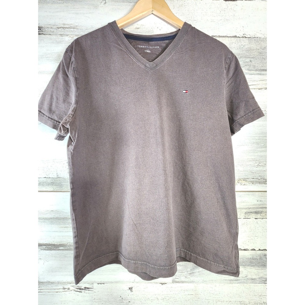 Tommy Hilfiger V-Neck T-Shirt Mens Large Brown Flag Logo Short Sleeve Casual
